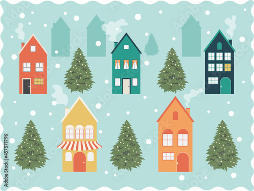 Postcard with winter city on a blue background. Multicolored cute houses and Christmas trees. 