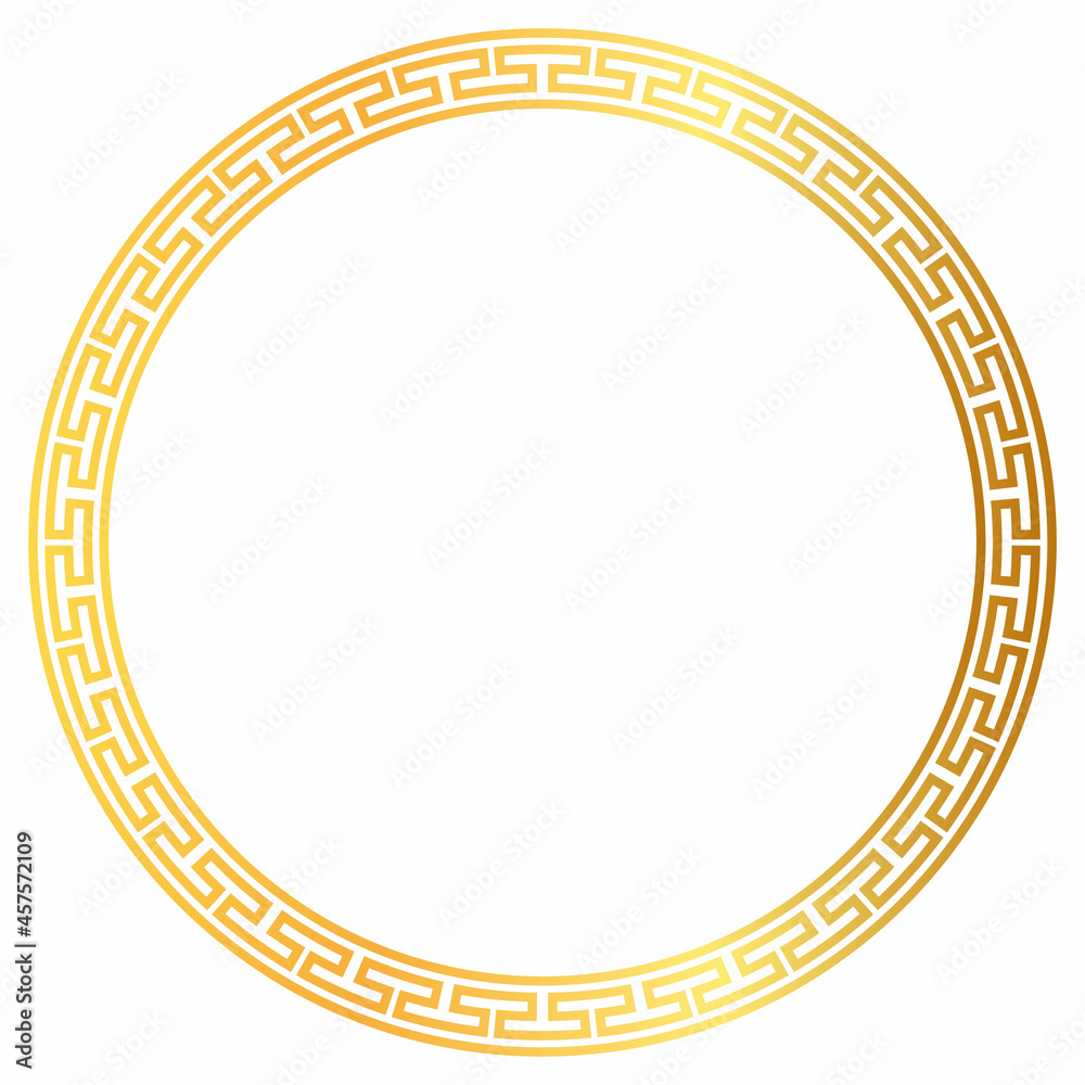 Gold greek key round frame isolated on white background ...