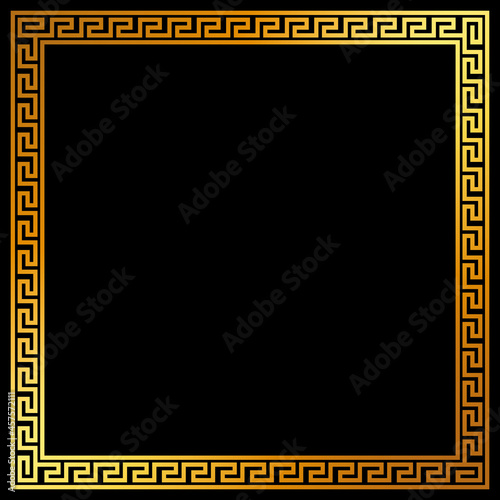 Greek pattern square frame golden meander design. Line border isolated on black background. Vector illustration. EPS 10