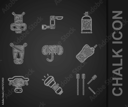 Set Elephant, Flashlight, Matches, Walkie talkie, African buffalo head, Rhinoceros, Spray against insects and Hippo or Hippopotamus icon. Vector