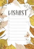 Autumn wishlist template with fallen yellow, orange leaves and cute buterflies. Organizer and Schedule. Journal page layout design. 