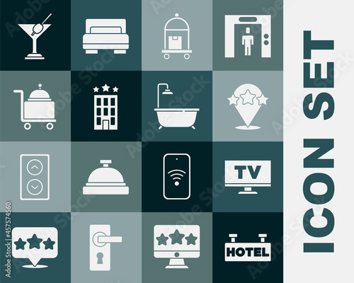 Set Signboard with text Hotel, Smart Tv, Five stars rating review, Suitcase, building, Covered tray, Martini glass and Bathtub shower icon. Vector