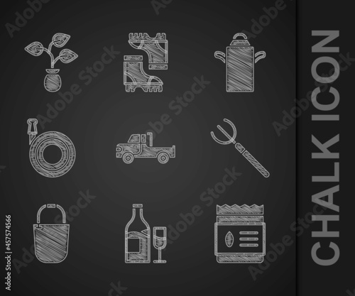 Set Pickup truck, Wine bottle with glass, Pack full of seeds of plant, Garden pitchfork, Bucket, hose, Can container milk and Plant icon. Vector photo