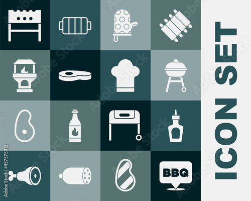 Set Barbecue, Sauce bottle, grill, Oven glove, Steak meat, Brick stove, BBQ brazier and Chef hat icon. Vector