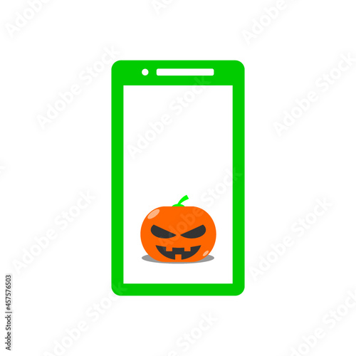 halloween pumpkin on the green smartphone white isolated