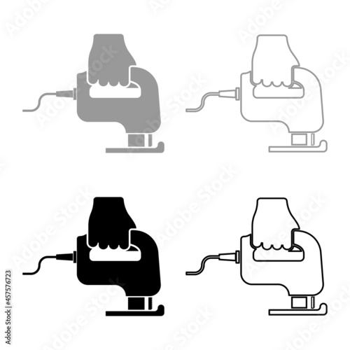 Electric fretsaw Tool Hand jig saw in use Arm set icon grey black color vector illustration flat style image