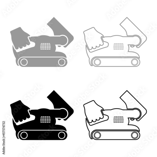 Belt sander in hand holding tool use Arm using circular sheet Electric orbital instrument set icon grey black color vector illustration flat style image