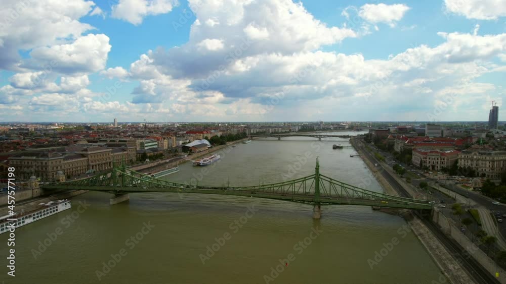 Aerial view of the Liberty Bridge in Budapest and Danube river Aerial view of the Liberty Bridge in Budapest and Danube river