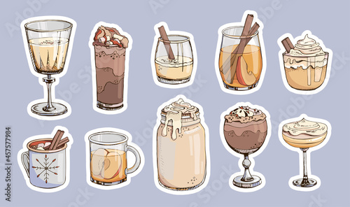 Stickers. Sticker pack. Popular hot winter drinks isolated vector illustrations. Christmas beverages and cocktails. Mug of hot chocolate eggnog apple cider coffee cacao wine champagne.