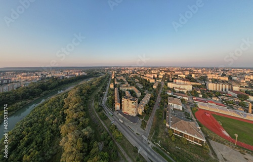 Aerial view of the city at sunset. Big city in Ukraine. Panoramic view.