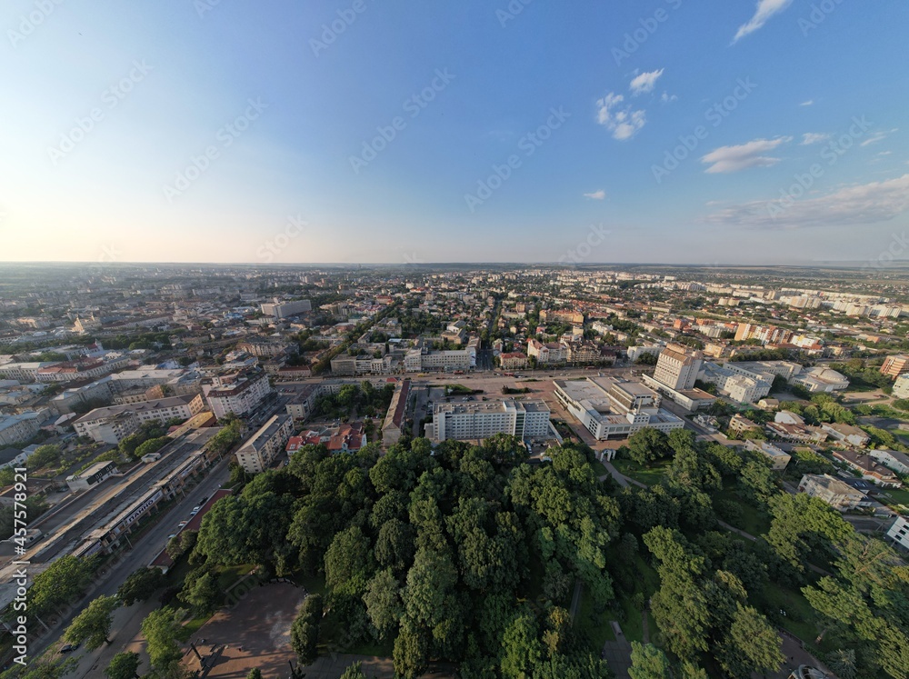 Fototapeta premium Aerial view of the city in the evening. Colorful panoramic view. Eastern Europe
