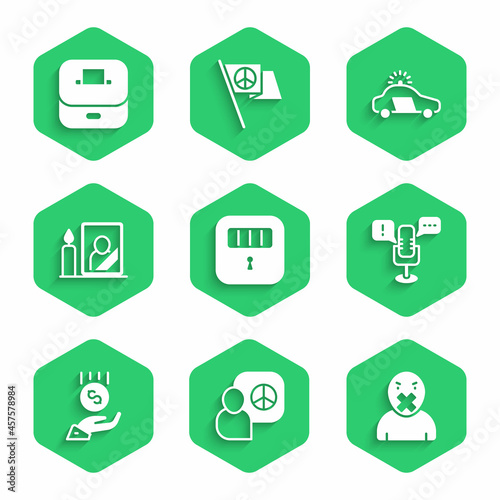 Set Prison cell door, Peace talks, Censor and freedom of speech, Freedom, Coins hand - minimal wage, Mourning photo frame, Police car flasher and Vote box icon. Vector