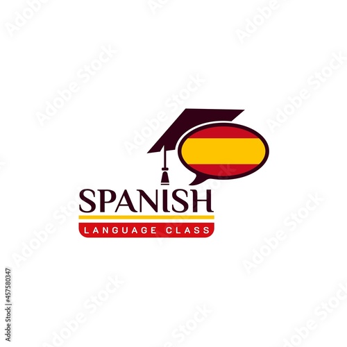 Learning Spanish Language Class Logo. language exchange program, forum, and international communication sign. With Spain Flag