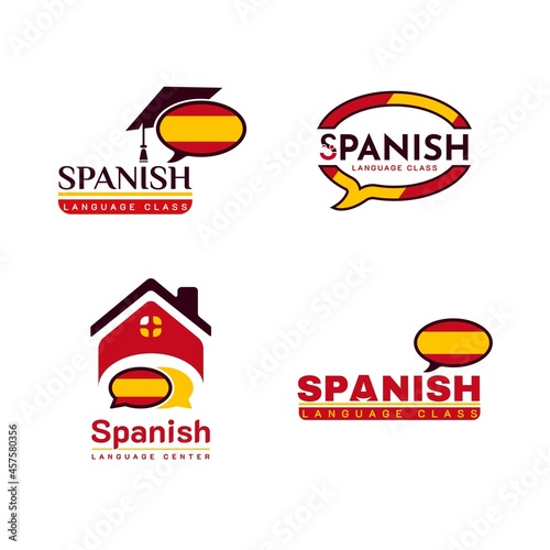Set of Learning Spanish Language Class Logo. language exchange program, forum, and international communication sign. With Spain Flag