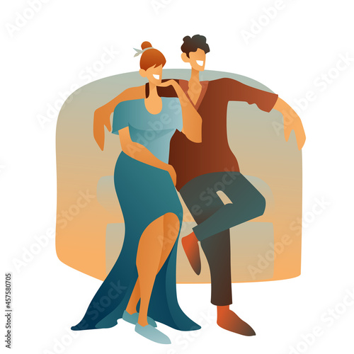 A young couple, a man and a woman, are sitting on an abstract sofa on a white background. Newlyweds hug and pose for photos, stylish outfits, the concept of a beautiful life.