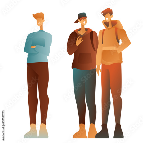 Guys are talking, a friendly conversation of guys on a white background. A quarrel of friends, a conflict situation, a careless conversation. Boys in hoodies, jeans and sneakers with bags.