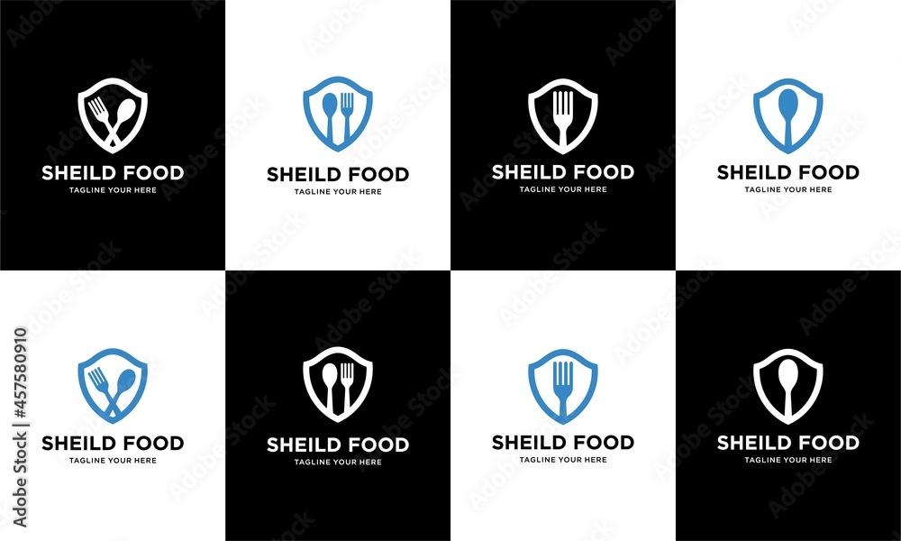 Set Shield food with fork spoon logo vector concept. Set Shield food with fork spoon logo vector concept.