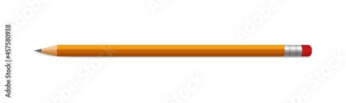 Pencil mock up. Lead orange pencil with eraser. Vector realistic mockup template