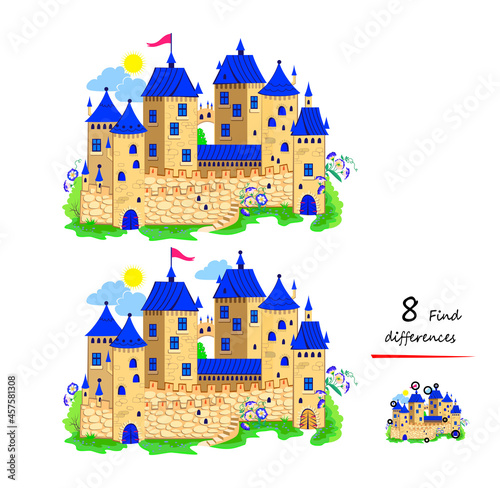 Find 8 differences. Illustration of knight medieval castle. Logic puzzle game for children and adults. Page for kids brain teaser book. Developing counting skills. IQ test. Play online.
