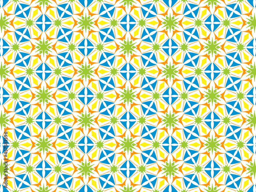Abstract Colored Geometrical Seameless Pattern in Blue, Orange, Yellow and Green. Perfect for Plates, Dishes, Wrapping Paper and Sheets