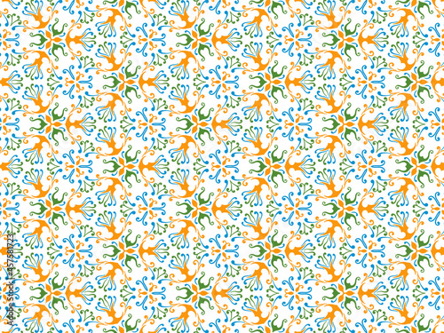 Abstract Colored Geometrical Seameless Pattern in Blue, Orange, Yellow and Green. Perfect for Plates, Dishes, Wrapping Paper and Sheets photo