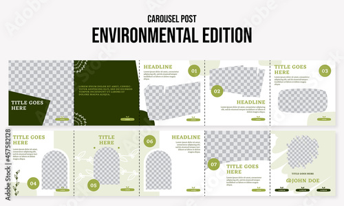 Set of editable social media instagram carousel post environmental, landscape with green colors design vector template ai & eps 10