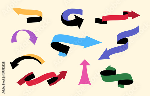 Various colorful playful arrow. Graphic elements for website, back. Internet navigation, mark on picture. Button set, collection of lines. Flat vector illustration isolated on beige background