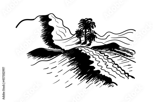 Sand dunes desert oasis palm trees sketch vector black and white illustration