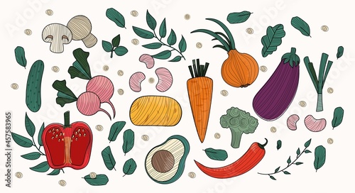 Set of vegatables. Pattern of useful vegetables, healthy food. Slimming diets, pictures for printing on fabric. Carrots, avocado, peppers. Cartoon flat vector illustration isolated on white background