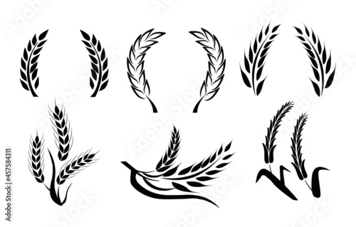 Wheat black and white wreaths. Graphic elements for website, framing for objects. Wreaths, design of cards with goods. Raw materials for production. Vector illustration isolated on white background
