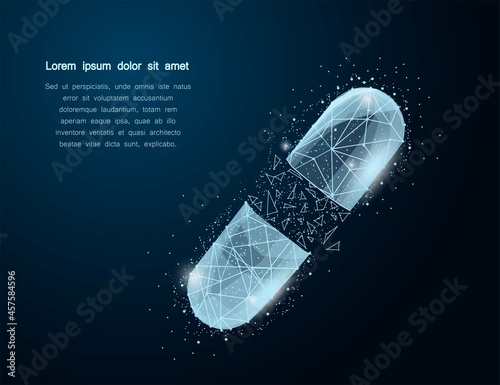 Abstract polygonal wireframe of two capsule pills on blue background.Pills -pharmacy,medical,health,vitamin,treatment concept 