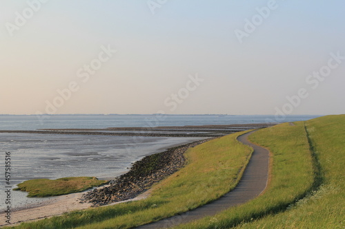 the delta dyke at the dutch coast in zeeland along the salt marshes in the westerschelde sea photo