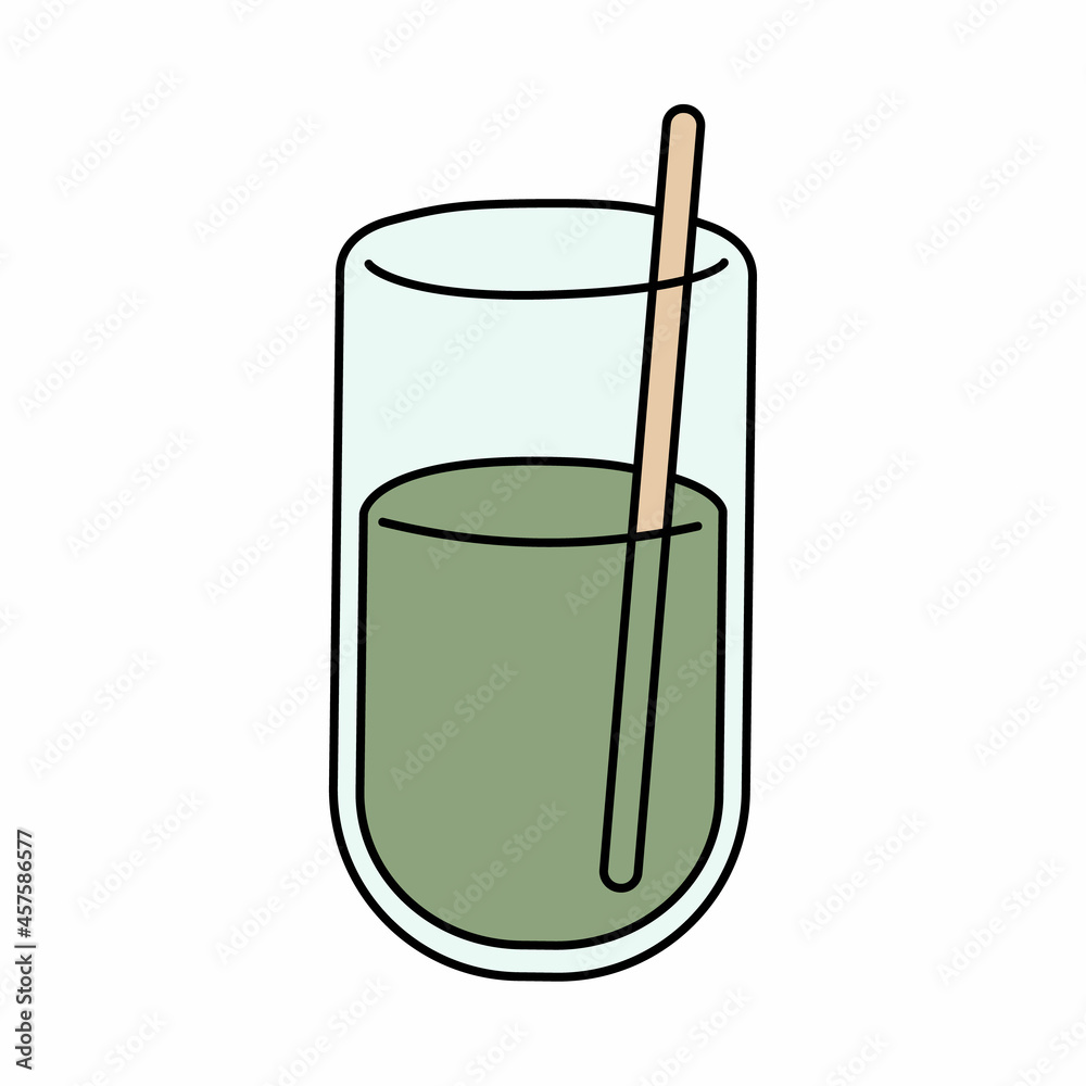 Glass of freshly squeezed juice in doodle style. Vector illustration isolated on white background. Cartoon green smoothie or cocktail. Sign for sticker, clipart, menu Glass of freshly squeezed juice in doodle style. Vector illustration isolated on white background. Cartoon green smoothie or cocktail. Sign for sticker, clipart, menu