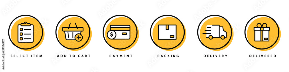 Shopping process. 6 steps of shopping. Chronology of receiving goods in online stores. Vector illustration Shopping process. 6 steps of shopping. Chronology of receiving goods in online stores. Vector illustration