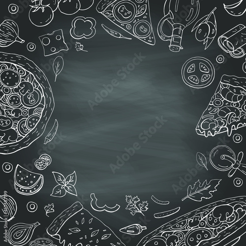 Vintage Pizza collection background. Vector hand drawn  fast food collection for cafe and restaurants menu. Pizza on chalkboard background. 