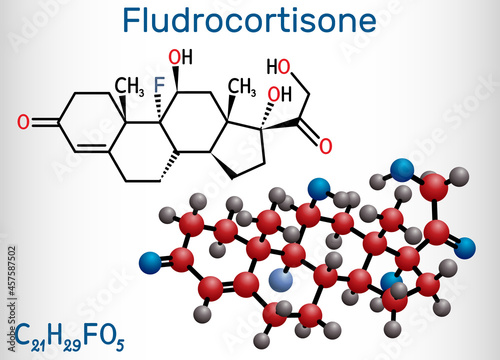 Fludrocortison, fluorocortisone molecule. It is synthetic corticosteroid with antiinflammatory and antiallergic properties. Structural chemical formula, molecule model