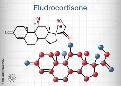 Fludrocortison, fluorocortisone molecule. It is synthetic corticosteroid with antiinflammatory and antiallergic properties. Structural chemical formula, molecule model. Sheet of paper in a cage photo