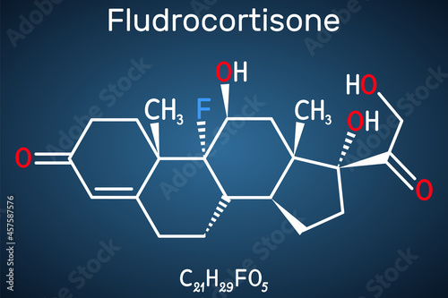 Fludrocortison, fluorocortisone molecule. It is synthetic corticosteroid with antiinflammatory and antiallergic properties. Structural chemical formula on the dark blue background