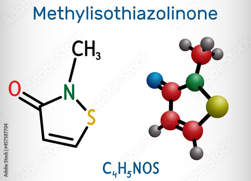 Methylisothiazolinone, MIT, MI molecule. It is preservative, powerful biocide and preservative. Structural chemical formula and molecule model