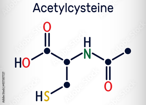 Acetylcysteine, N-acetylcysteine, NAC drug molecule. It is an antioxidant and glutathione inducer. Skeletal chemical formula