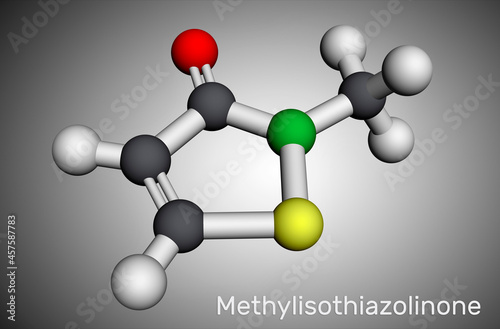 Methylisothiazolinone, MIT, MI molecule. It is preservative, powerful biocide and preservative. Molecular model. 3D rendering photo