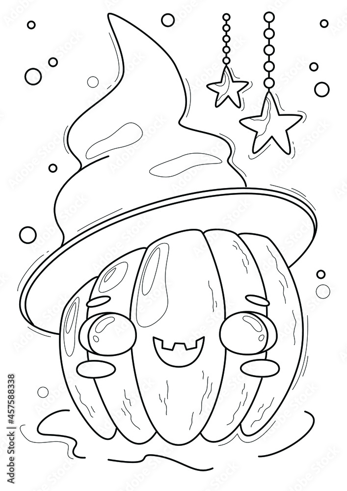 Cartoon page for coloring book with Halloween pumpkin-witch, hand-drawn ...