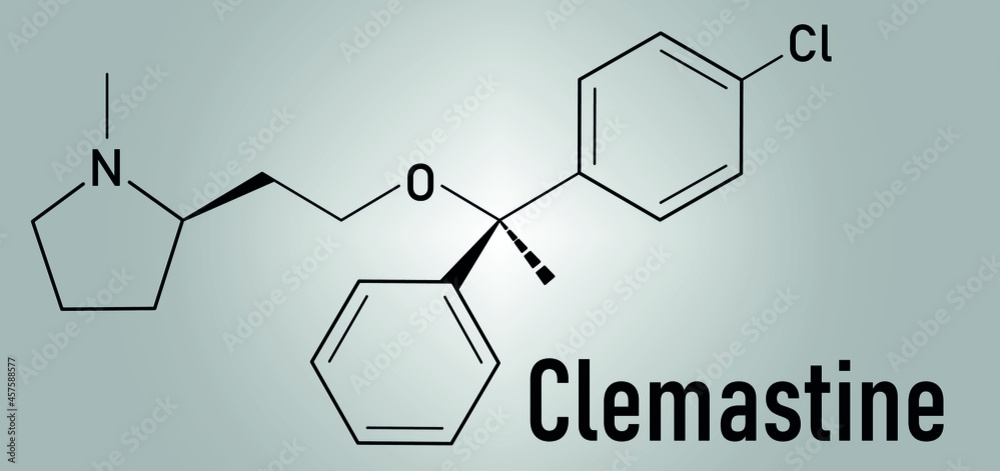 Clemastine (meclastine) antihistamine drug molecule. Used to treat allergy and itching. Skeletal formula.