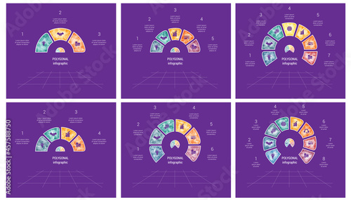 Polygonal Colorfull Semicircle. Templates infographic for 3 4 5 6 7 8 positions with text area