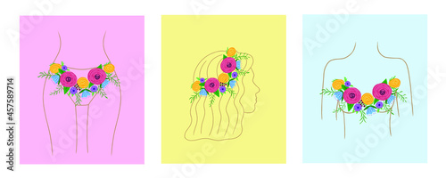 women health. Prevention of breast cancer, intimate hygiene, uterus, mental health, thoughts are in order. Vector illustration.