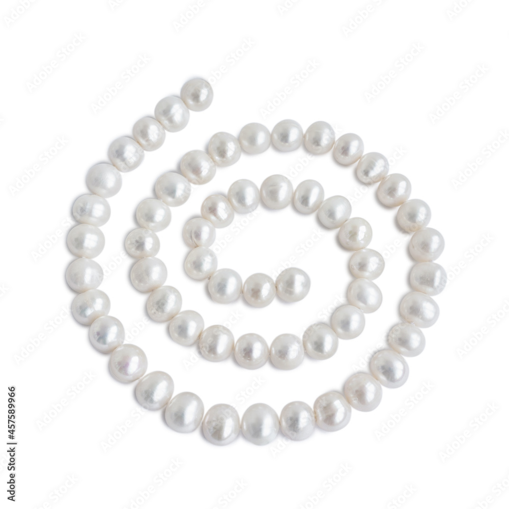 Spiral ornament figure made of pale pearl necklace with shadow, isolated on white background Spiral ornament figure made of pale pearl necklace with shadow, isolated on white background