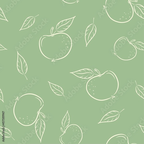 Fototapeta Naklejka Na Ścianę i Meble -  Beautiful seamless pattern from apples of abstract shape on a green background. Vector background in pastel colors from apples and leaves for textile wrapping paper.
