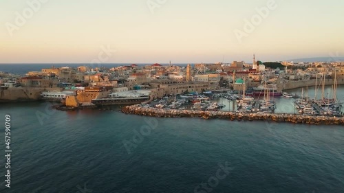 Aerial view of old city of Akko, Acre, Israel. Marina near old city