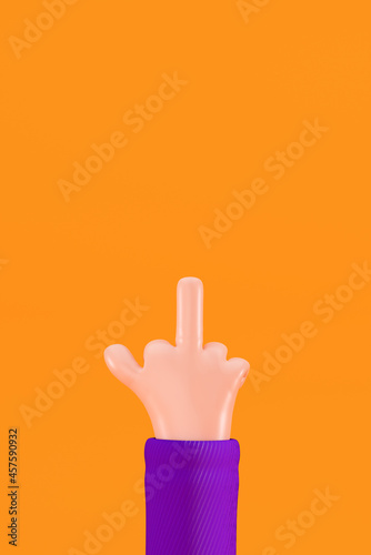 Cartoon hand shows the middle finger, 3d render. Fuck you hand sign isolated on an orange background. Cartoon character hand gesture, 3d illustration