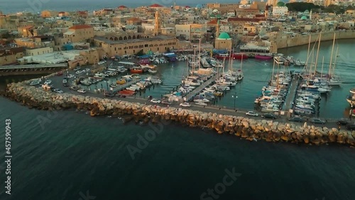 Aerial view of old city of Akko, Acre, Israel. Marina near old city